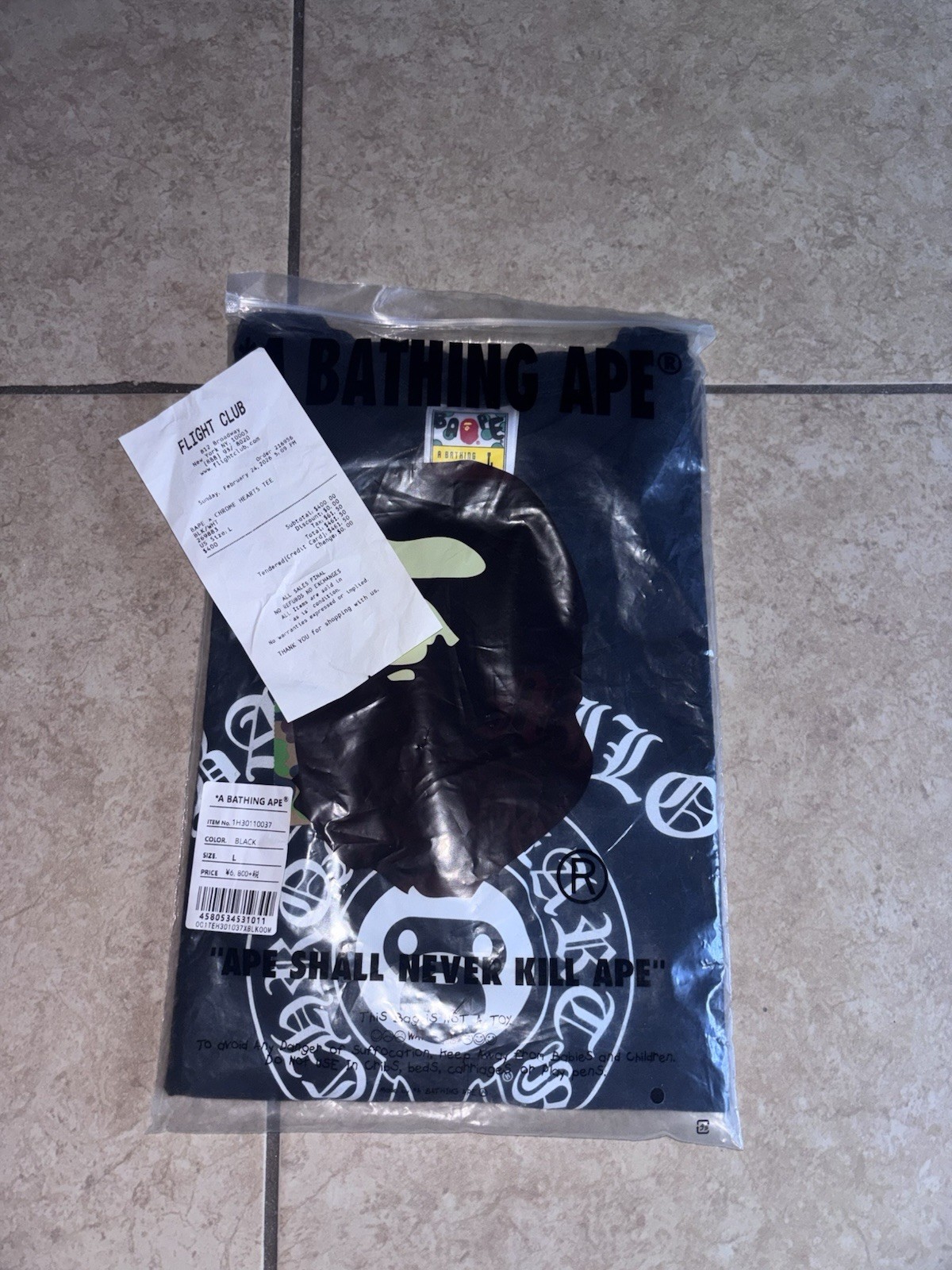 Men’s Black Bape Short Sleeve T-Shirt Crew Neck Size Large Bape/crome