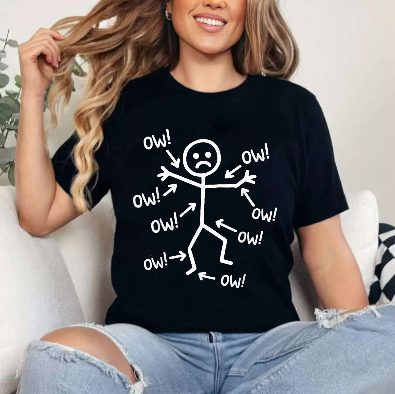 Ow Ow Ow Stick Character Figure Humor Chronic Pain Awareness T-Shirt
