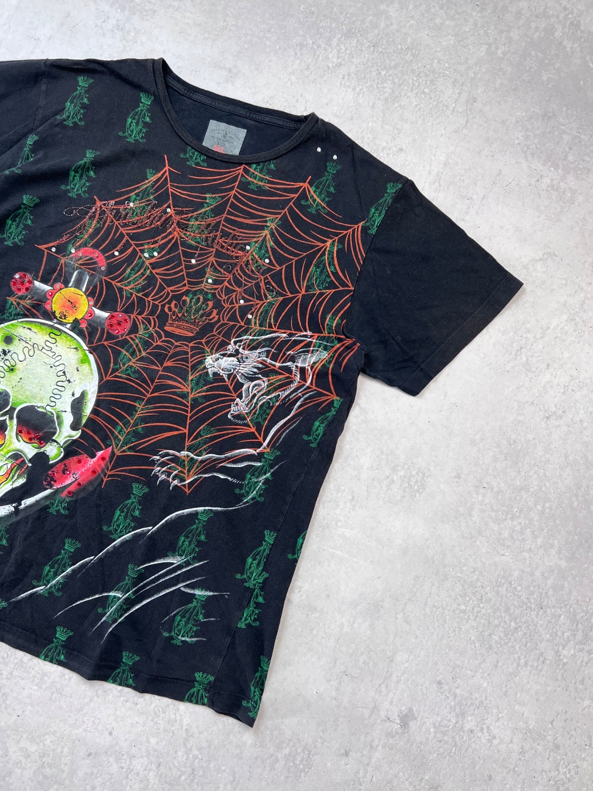 Christian Audigier Skull Spider Web Rhinestone Gothic Graphic T-Shirt Black