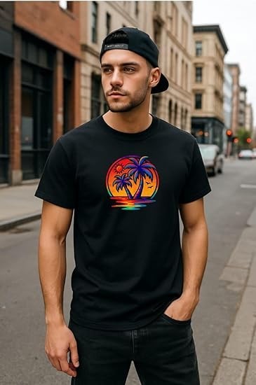 Tropical Sunset Palm Tree T-Shirt – Unisex Black Rainbow Beach Graphic Tee