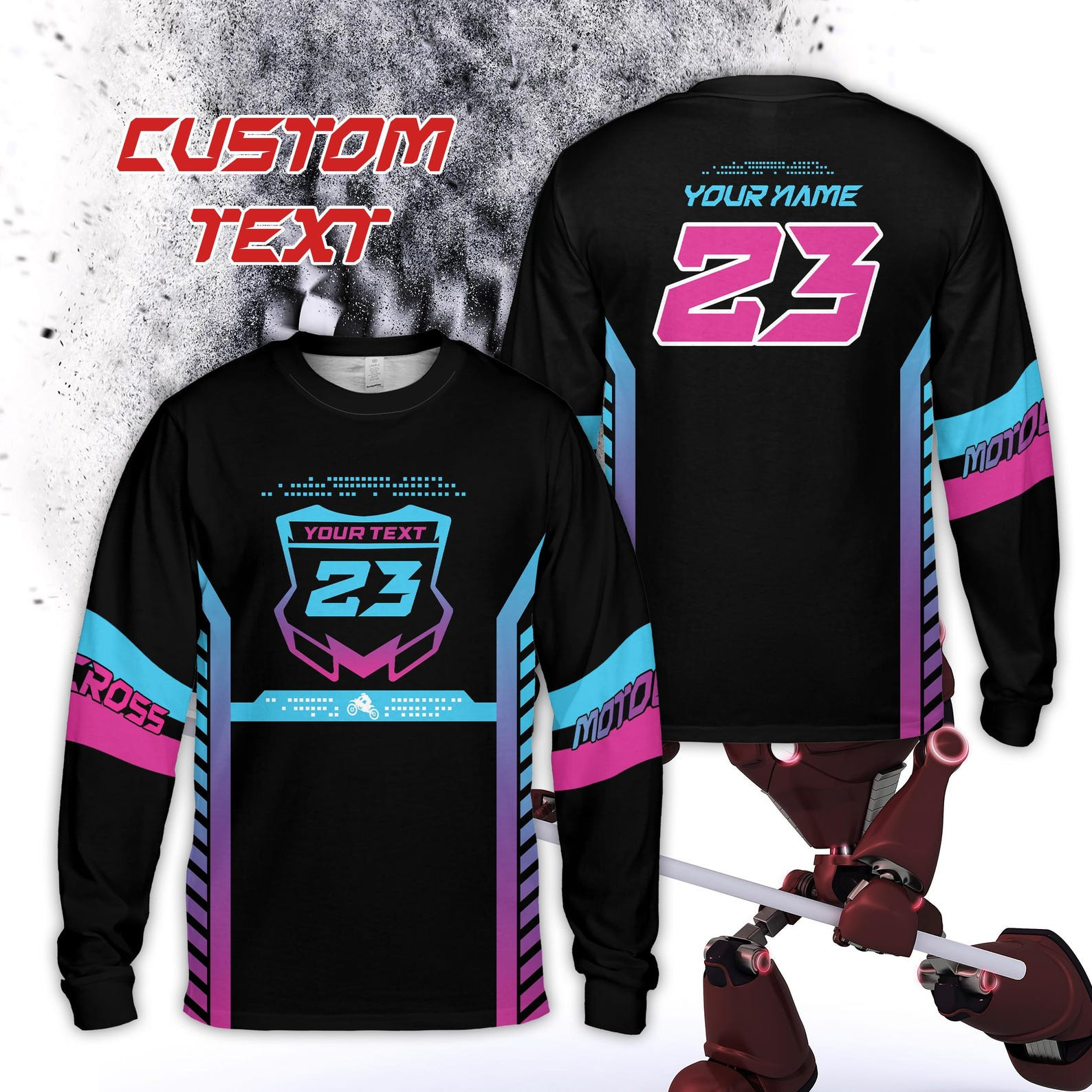 Personalized Neon Motocross Long Sleeve Shirt, Custom Rider Name Number