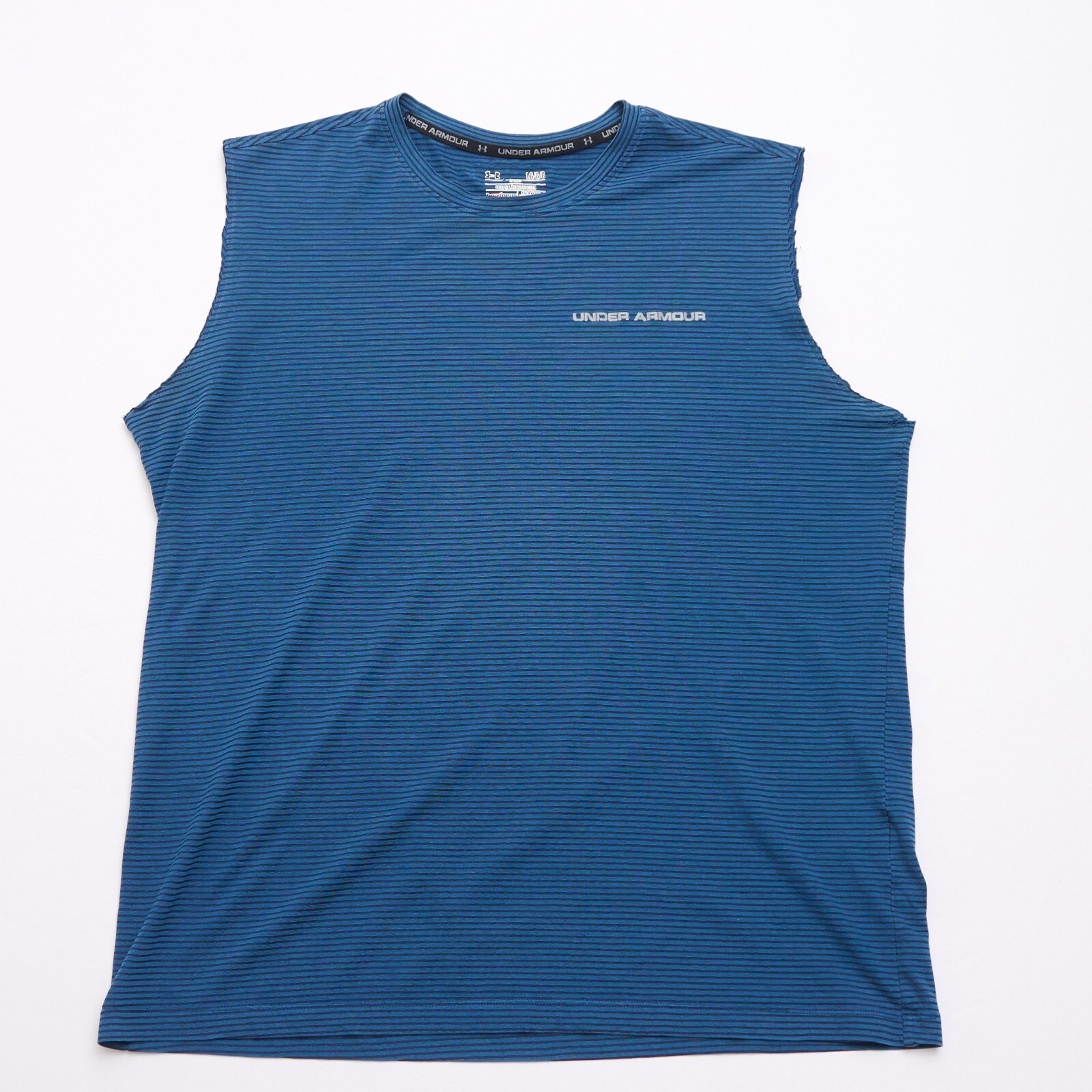 Under Armour Heatgear Blue Striped Sleeveless Tee Men’s L Semi-Fitted – Read!