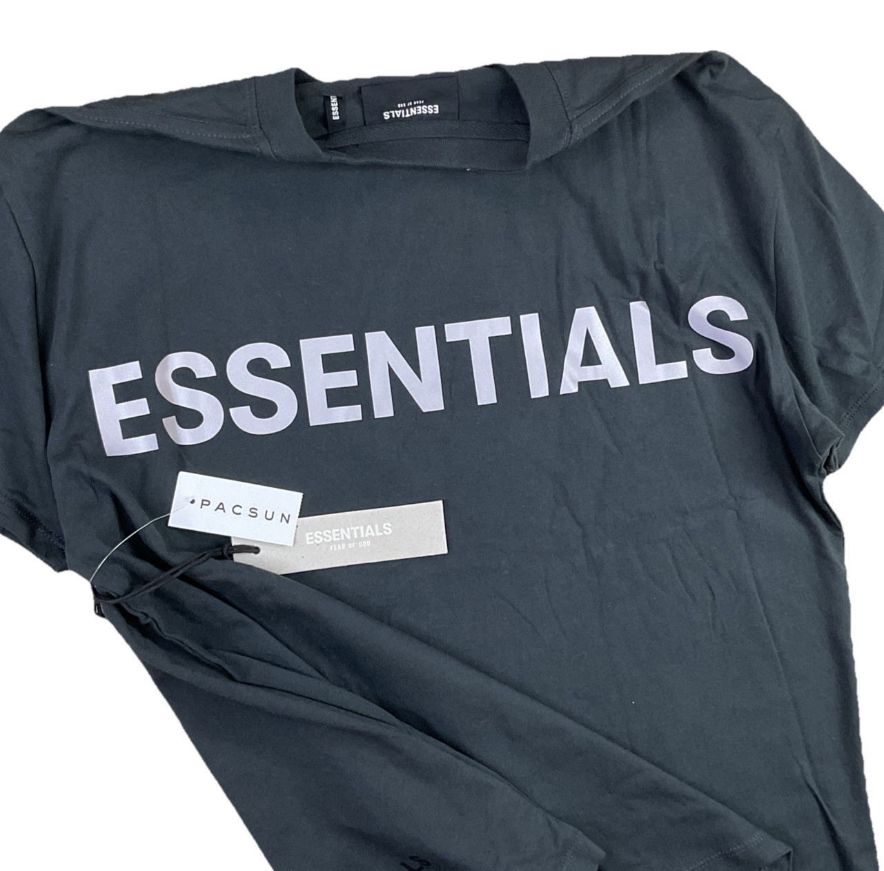 Fear Of God Essentials T-Shirt Sz 2XS Reflective Logo Boxy Tee Oversized Black