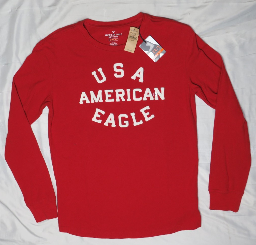 AMERICAN EAGLE MEN S RED LS TEE ACTIVE FLEX STRETCH USA FELT LOGO AEO NEW NWT