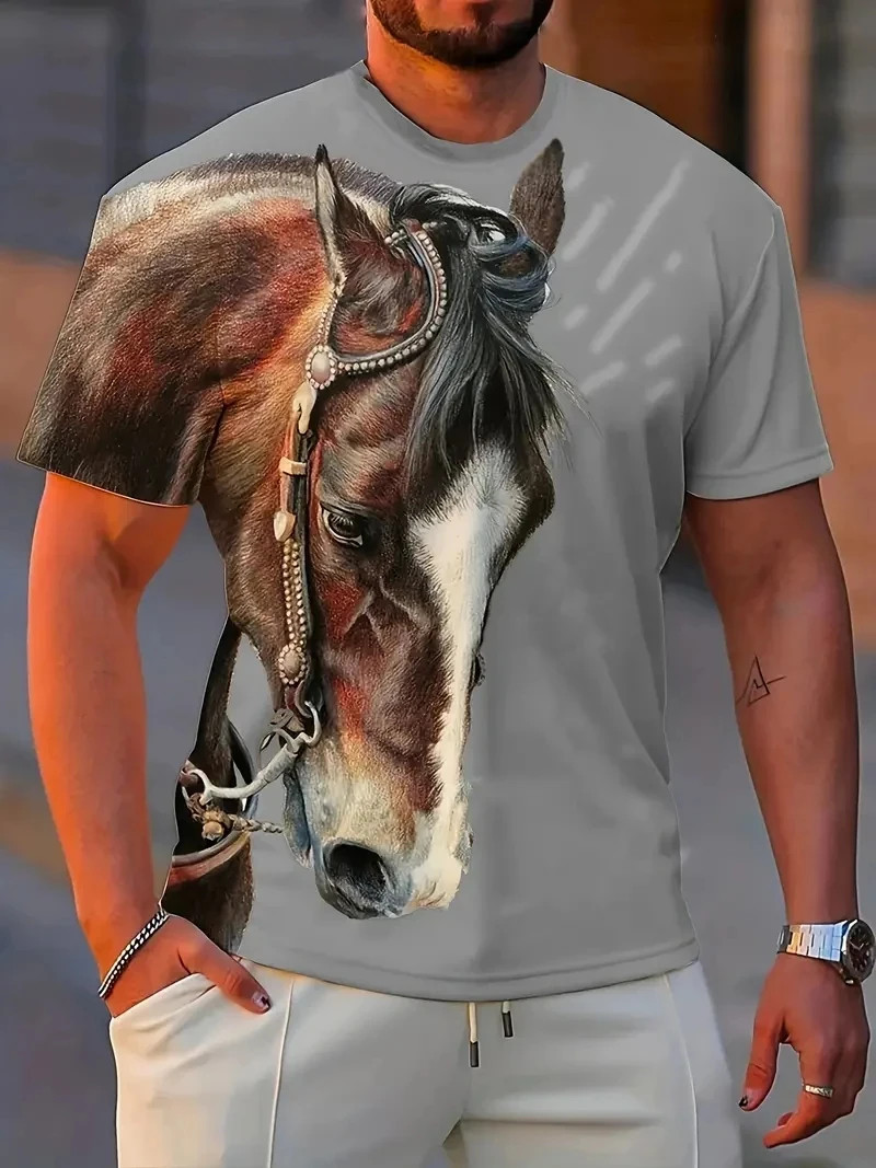 Mens 3D Horse Graphic T-Shirt Short Sleeve Animal Print Streetwear Tee