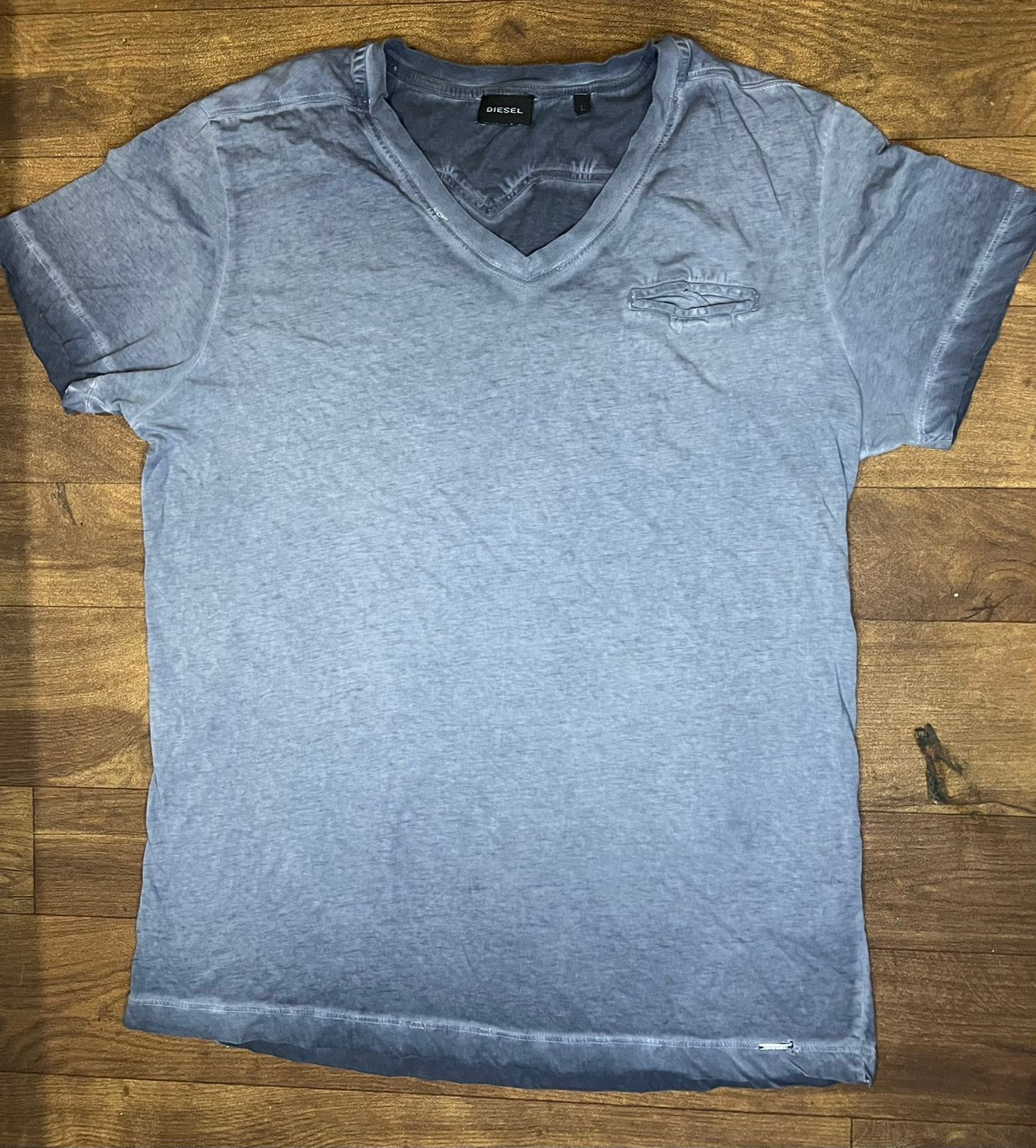 Diesel Grey V-Neck T-Shirt Mens Large Faded Washed Cotton Minimal Designer Casua