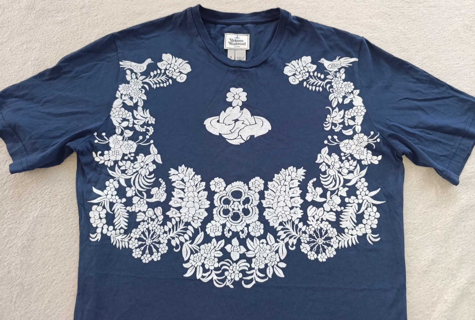 Vivienne Westwood mens RARE Navy Blue Floral Big Logo T-Shirt size S