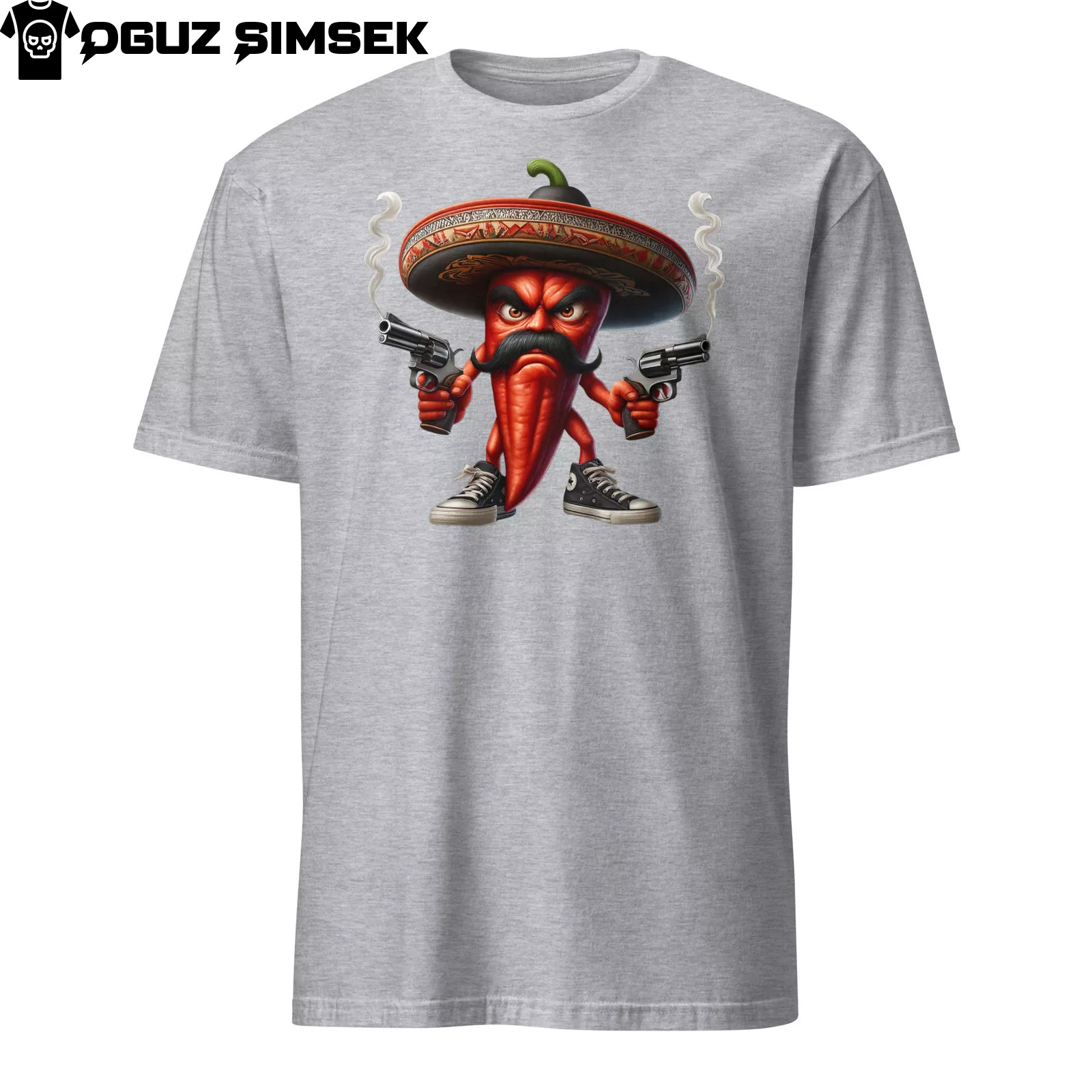 Spicy Style Alert! Cartoon Chili Pepper Graphic Tee with Mustache & Guns 🌶️💥