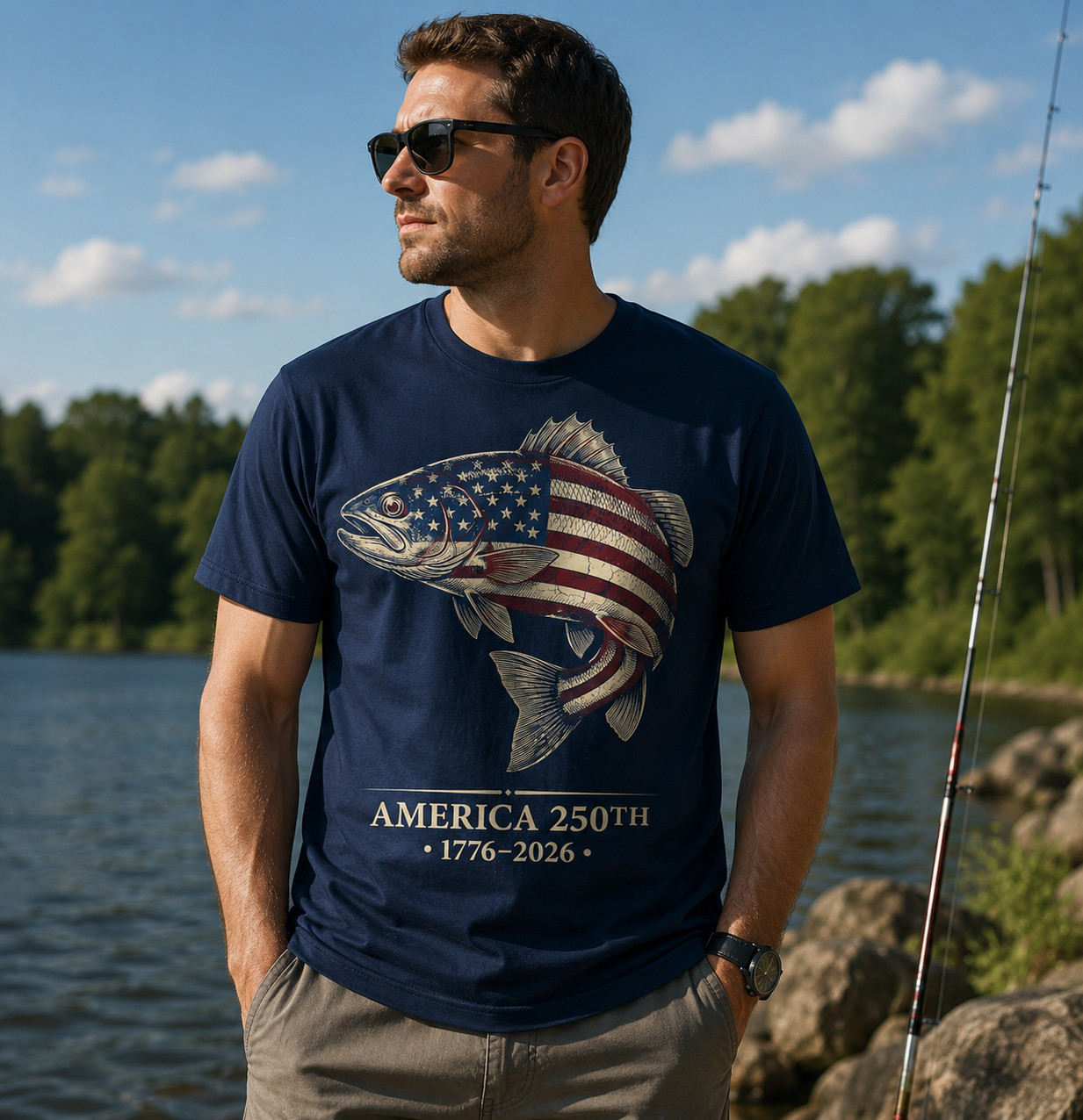 America 250th Anniversary Fishing T Shirt 1776-2026 USA Flag Fish Patriotic Tee