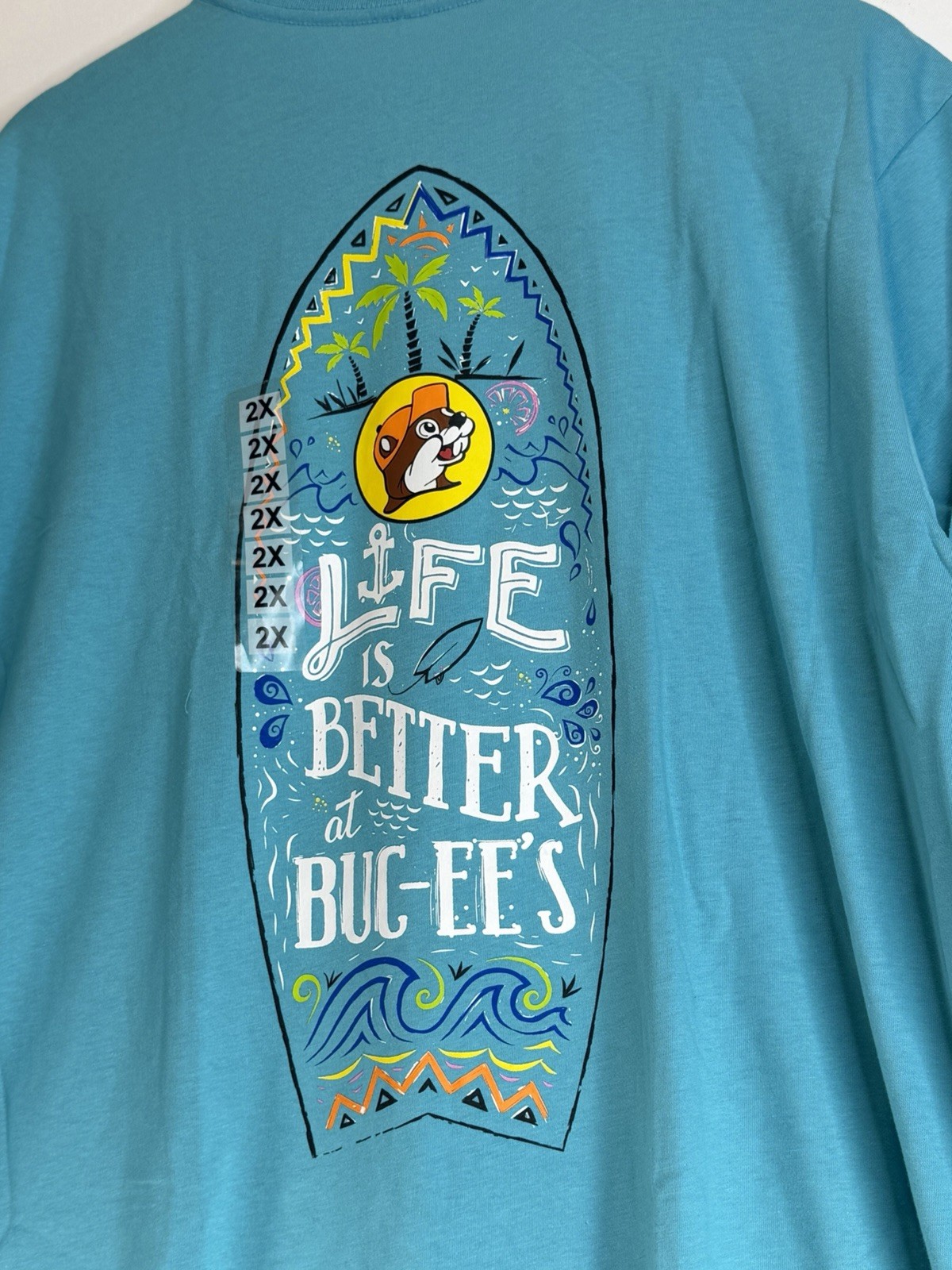 Buc-ee’s Life is Better Surfboard T-Shirt Turquoise Blue 2XL Beach Souvenir