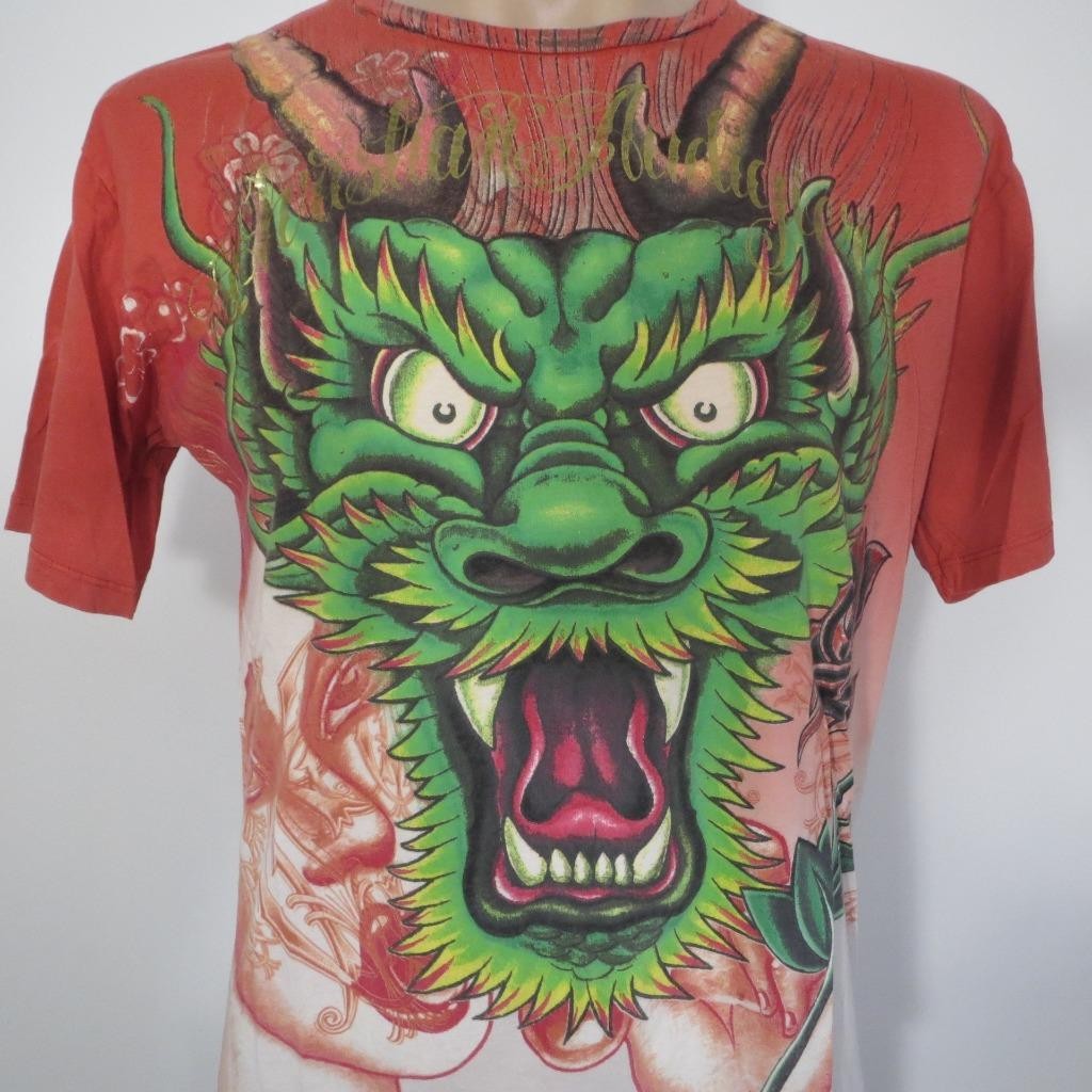Christian Audigier XL Dragon Shirt Vintage Gold Foil Ink Red White Vintage LA