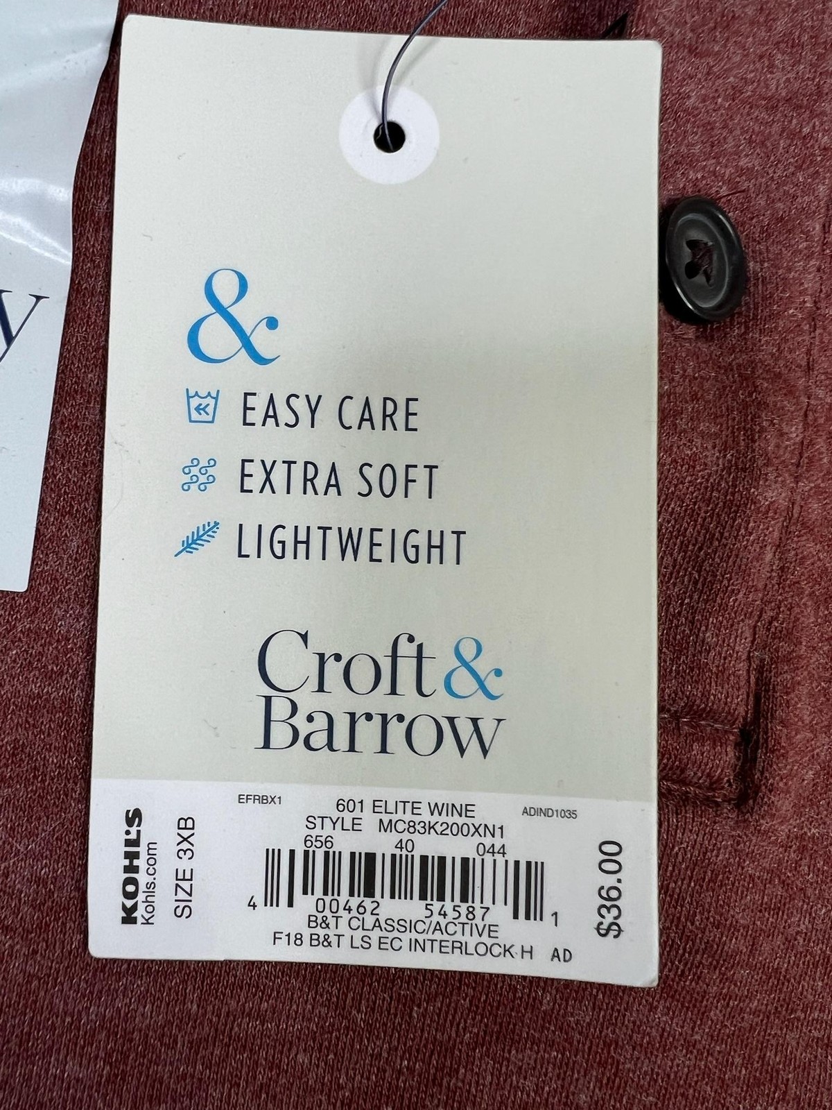 Croft & Barrow Henley Shirt Mens Big 3X Red Easy Care Long Sleeve Lightweight