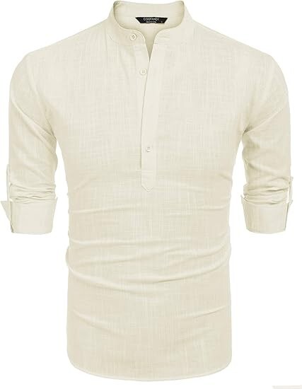 COOFANDY Men’s Cotton Linen Henley T-Shirt Long Sleeve Hippie Casual Beach Beige