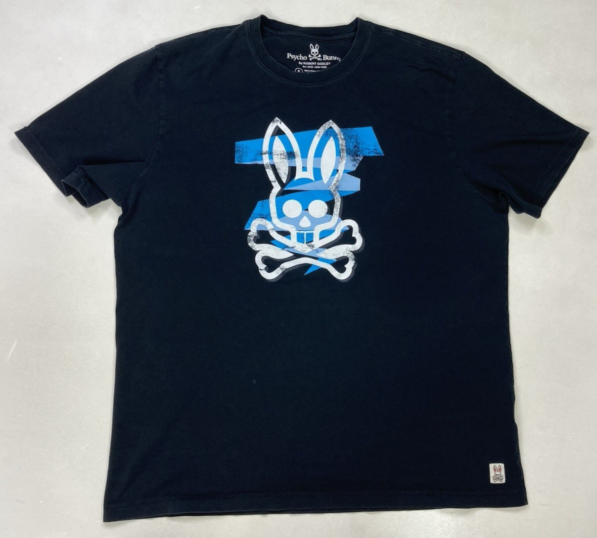 Psycho Bunny Graphic T-shirt Men Size 8 XL Black Logo Blue Short Sleeve
