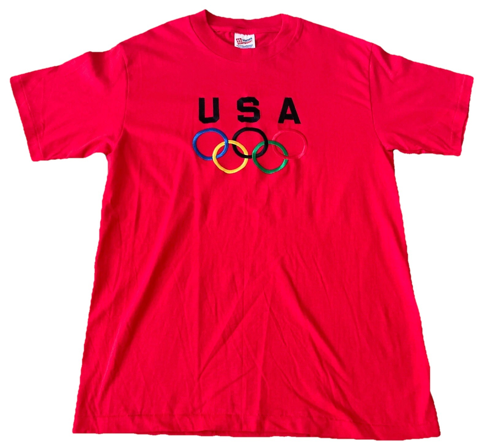 USA Olympics Vintage Hanes Single Stitch Embroidered Red T-Shirt Men Medium
