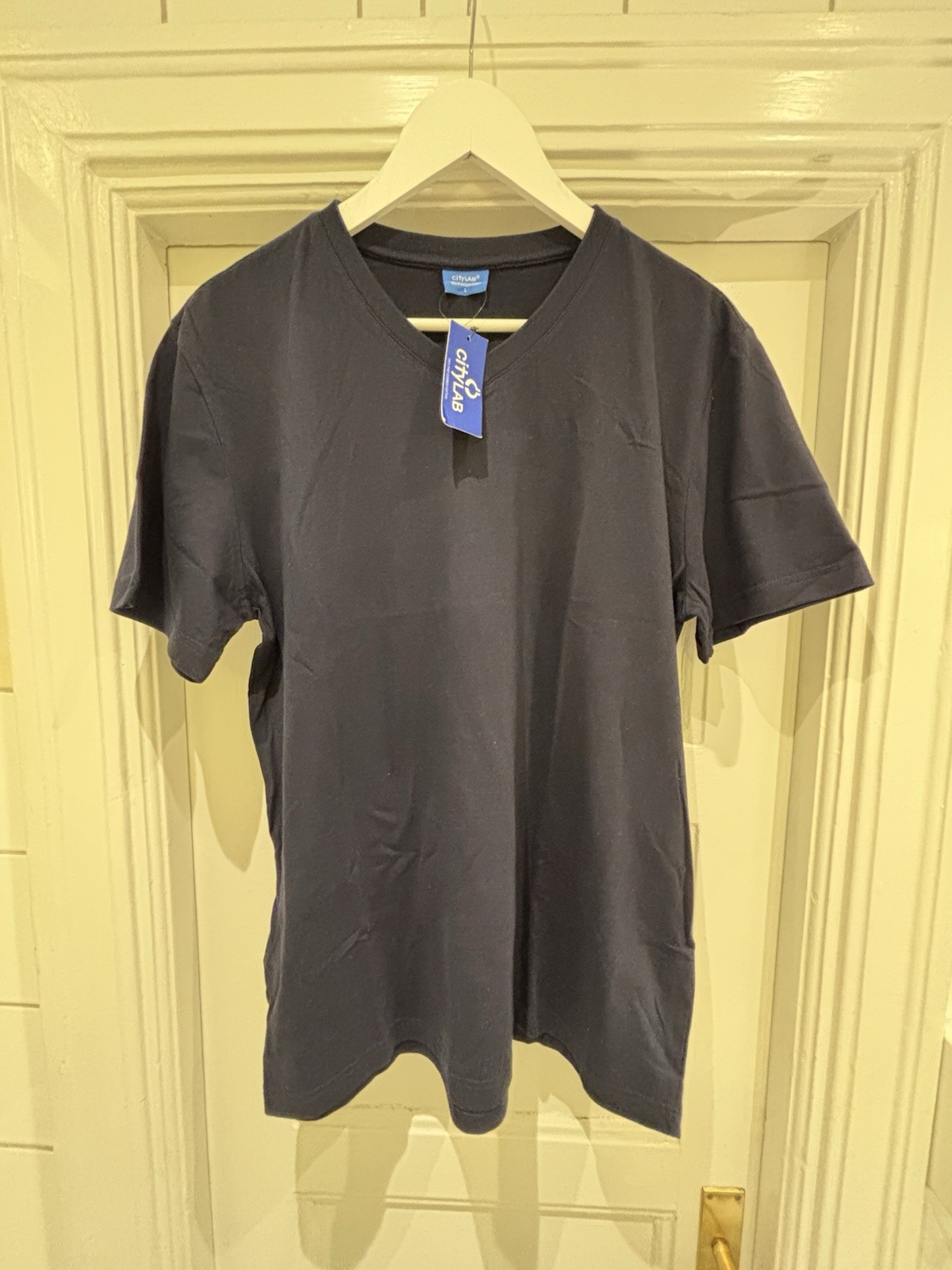 City Lab Shirt Men Large Short Sleeve V-Neck Basic Blue Stretch Slim Fit Adult