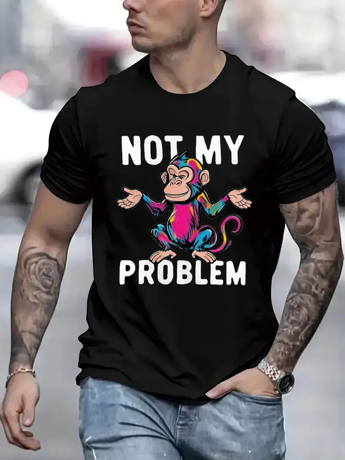 Not My Problem Funny Monkey Graphic T-Shirt Men’s Casual Humor Tee Shirt