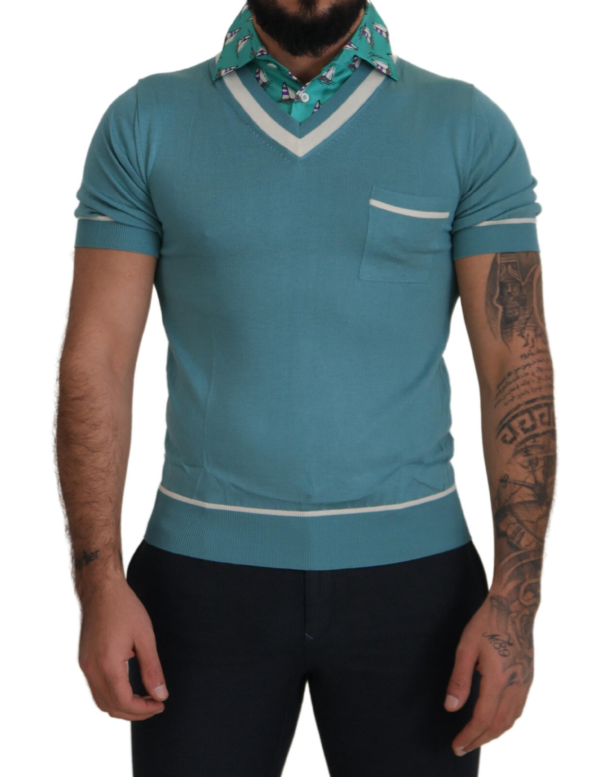 DOLCE & GABBANA T-shirt Blue Silk Polo Top Mens V-neck IT48/ US38 / M RRP $1300