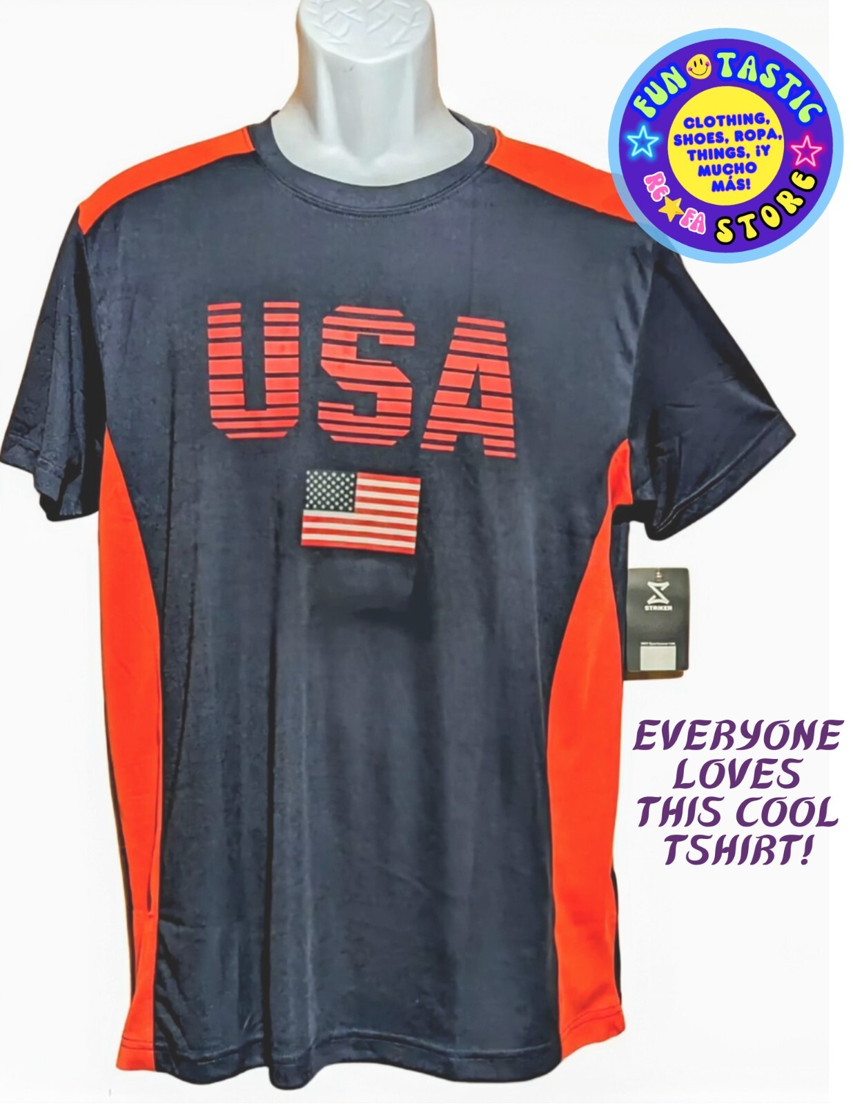 MENS USA FLAG TSHIRT. NAVY BLUE RED WHITE. STRIKER BRAND, Sz L. POLYESTER. Cool!