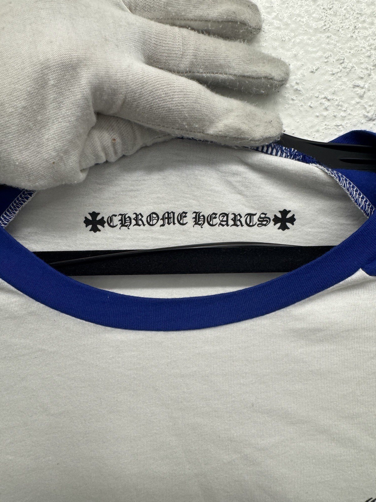 Chrome Hearts Scroll Logo Long Sleeve Baseball Tee Shirt White Blue Size S X3
