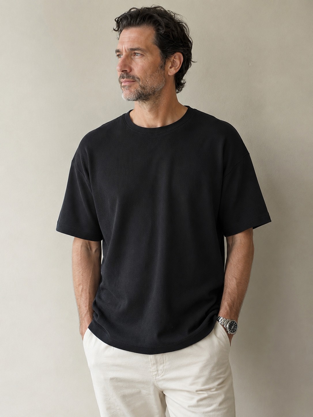 Pierre Cardin Rib Knit TeeShirt Men’s XL Black Minimalist Boxy Casual Lux