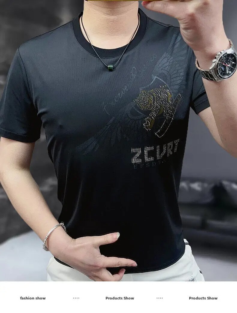 New Men Luxury Tiger Wings Rhinestones Fashion T-Shirt High Quality 4 Colors