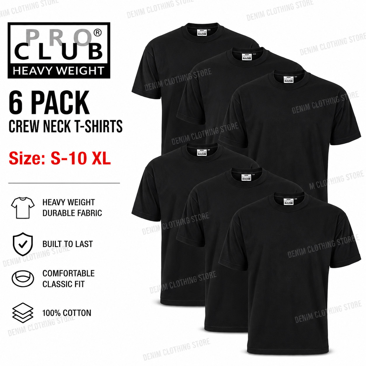 6 PACK PROCLUB PRO CLUB MENS HEAVYWEIGHT BLACK SHORT SLEEVE T SHIRTS COTTON TEE