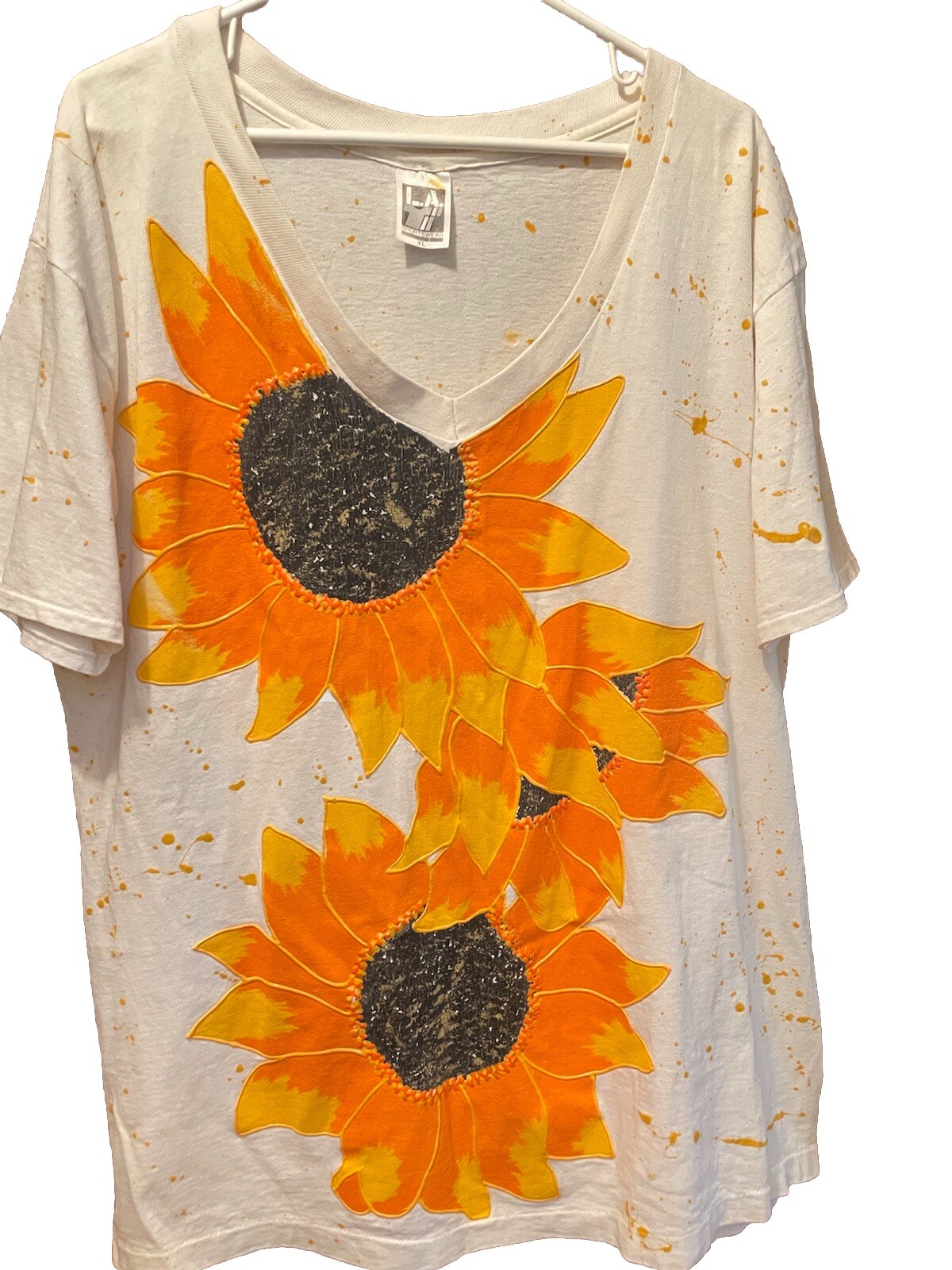 Hand Painted Sunflower Art Single Stitch T Shirt OOAK PUFF PAINT SPLATTER XL NOS