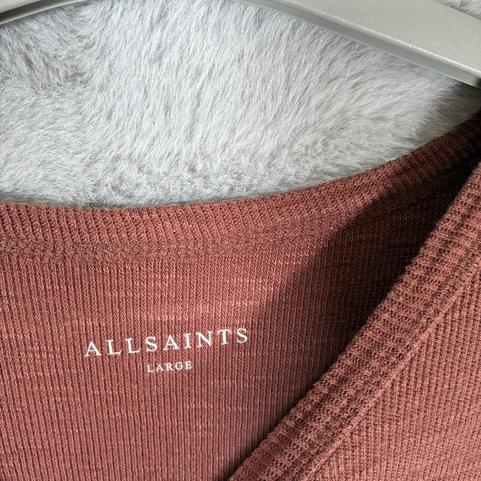 AllSaints ESUM T-Shirt Mens Large Brown Woven Cotton Short Sleeve Crew