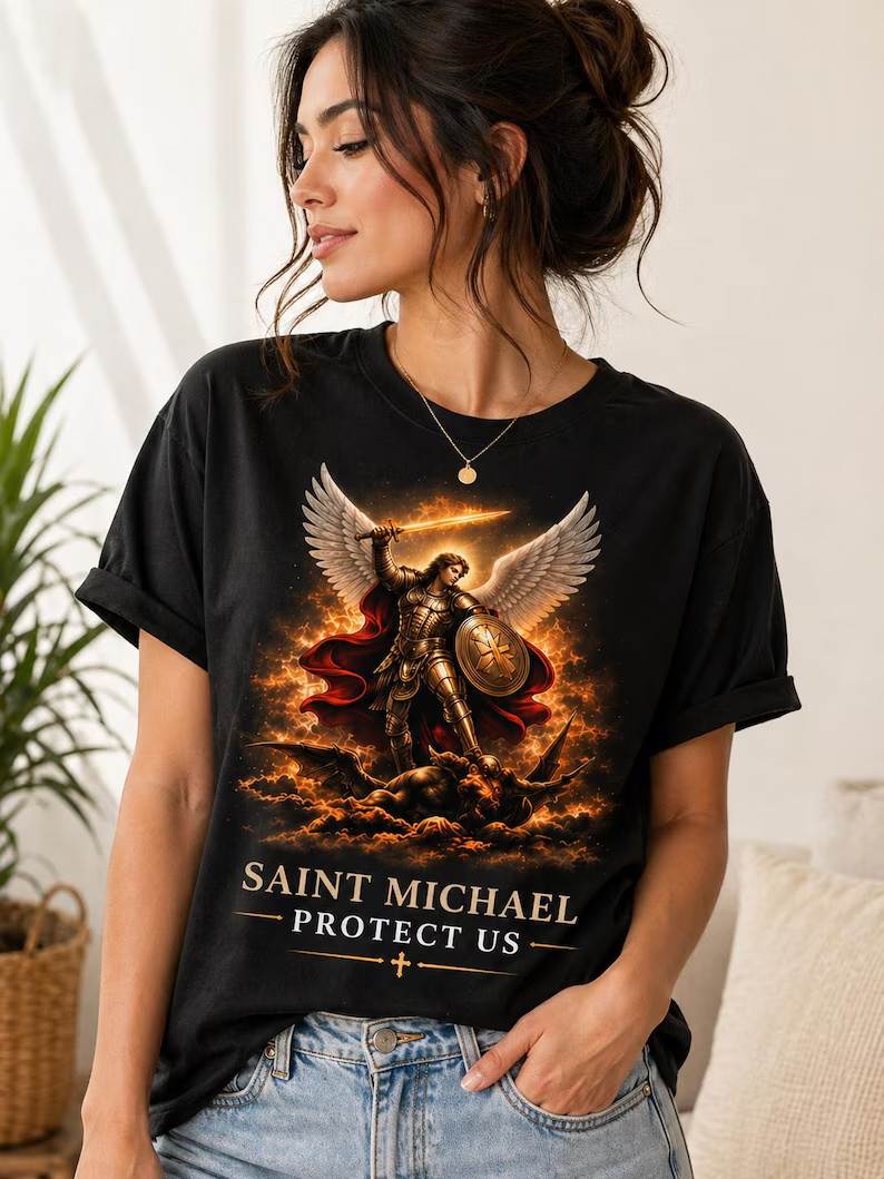 Saint Michael Arcangel T-shirt Burning Owl Graphic Shirt / Saint Michael Tshirt