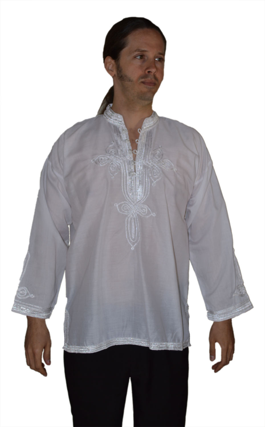 Moroccan Men Tunic Shirt Cafan Casual Handmade Embroidered Cotton X- Large White