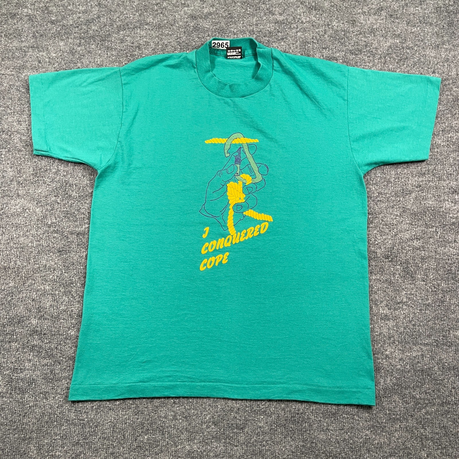 Vintage 90s I Conquered Cope Rock Climbing Shirt Large 22×28 Turquoise Blue