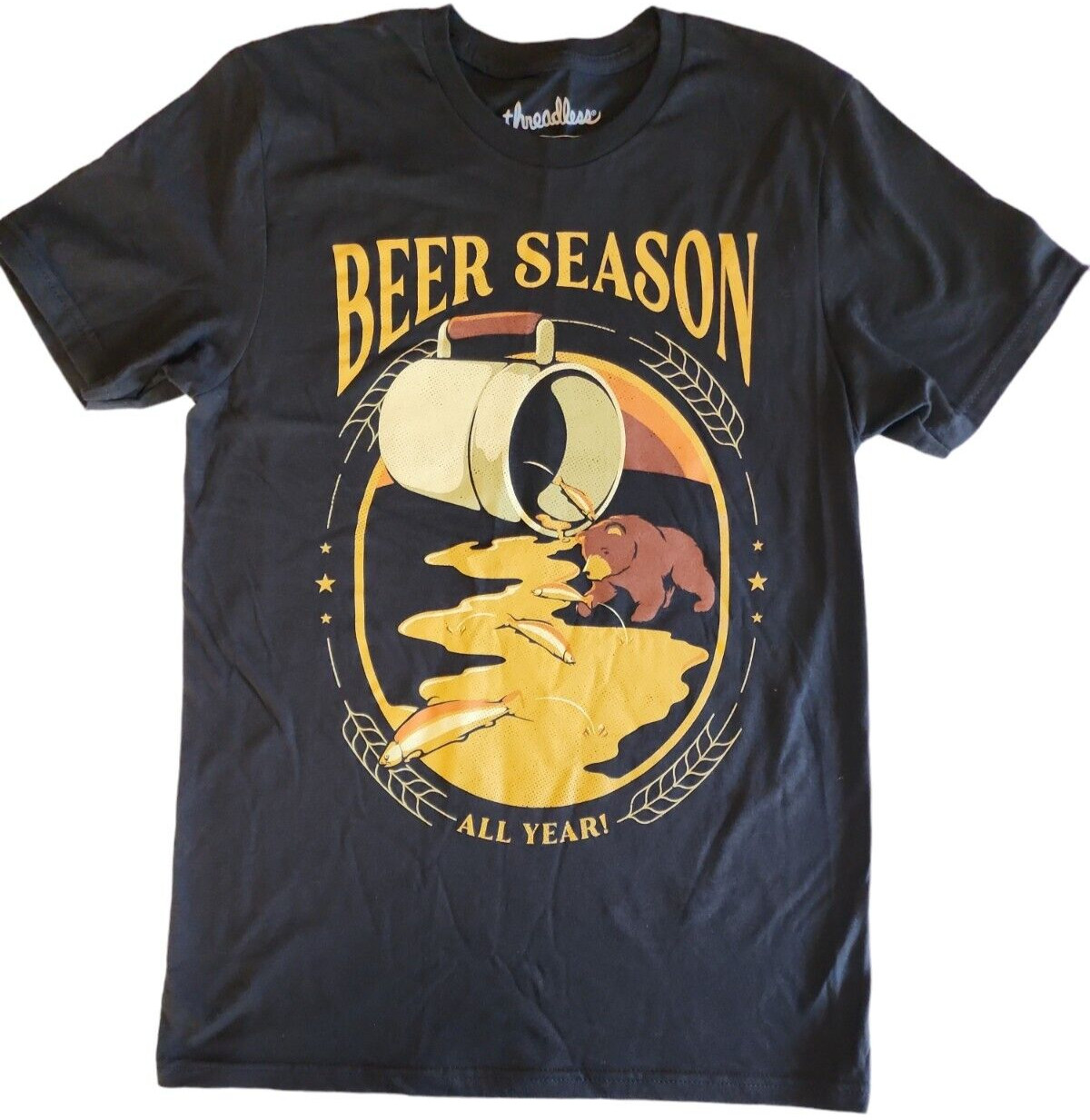 Novelty T-shirt Graphic Tee Beer Bear Season All Year Camping Woods Men’s Small