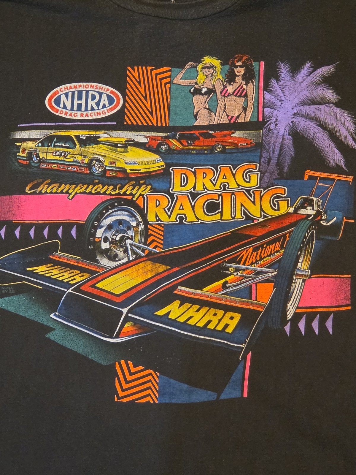 Vintage NHRA Drag Racing T-Shirt Size XL Black Neon Palm Trees Bikini Babes