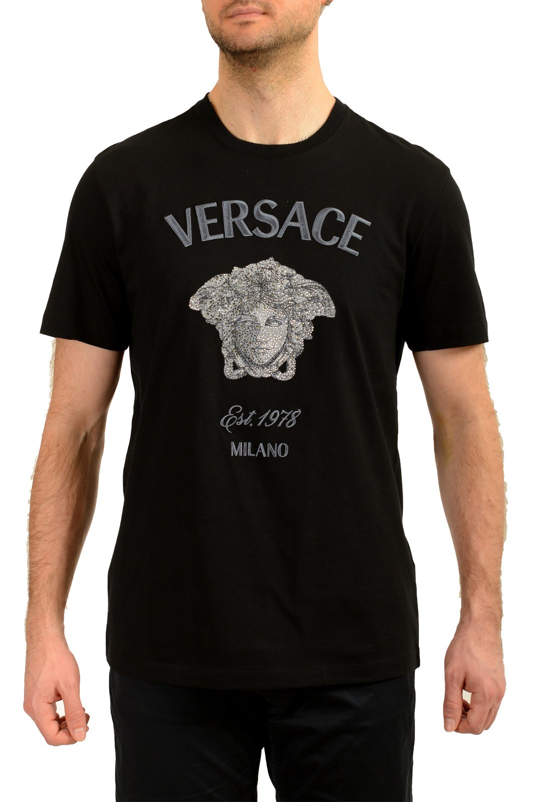 Versace Men’s Strass Logo Embroidered Crewneck Short Sleeve T-Shirt US 2XL IT 56