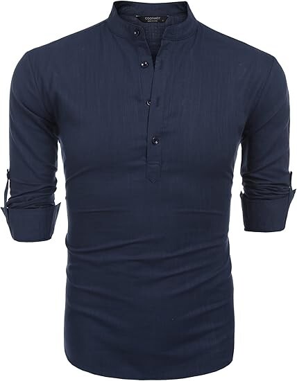 COOFANDY Men’s Cotton Linen Henley T-Shirt Long Sleeve Hippie Casual Beach Blue