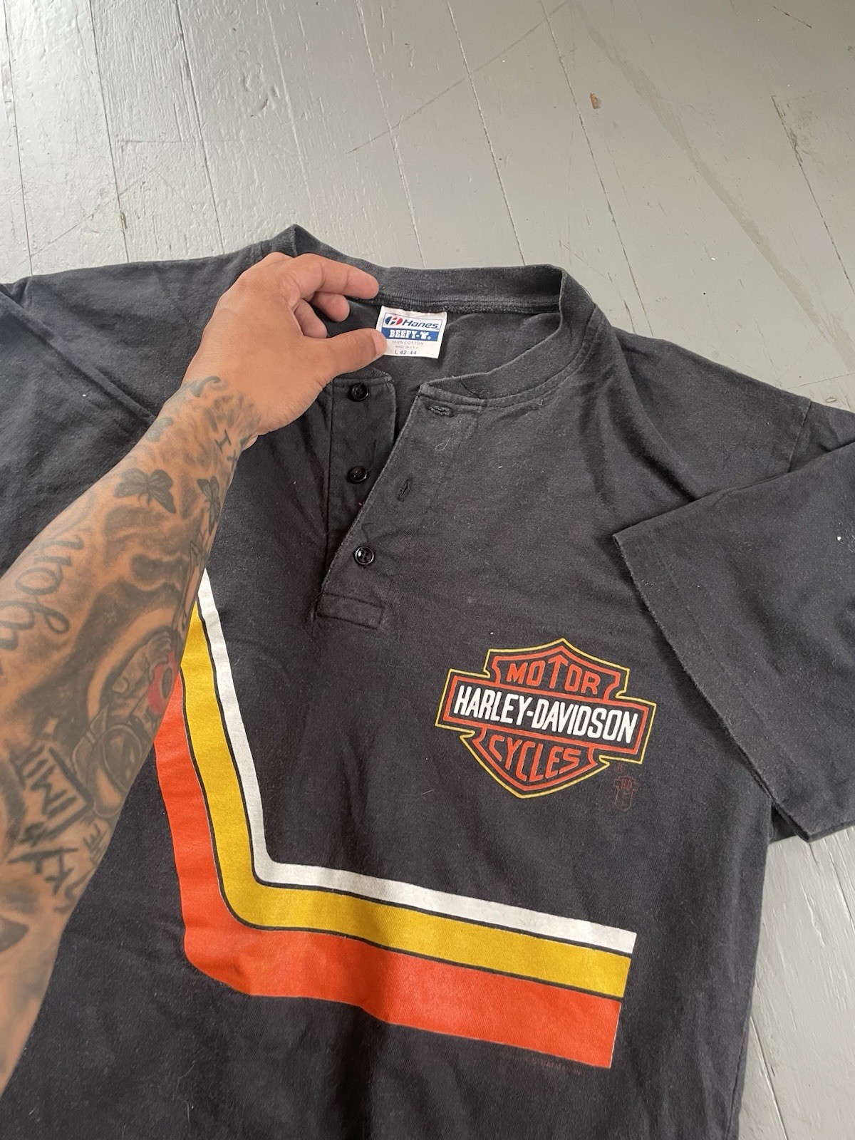 insane RARE grail 1988 winchester harley davison button up striped polo shirt/L