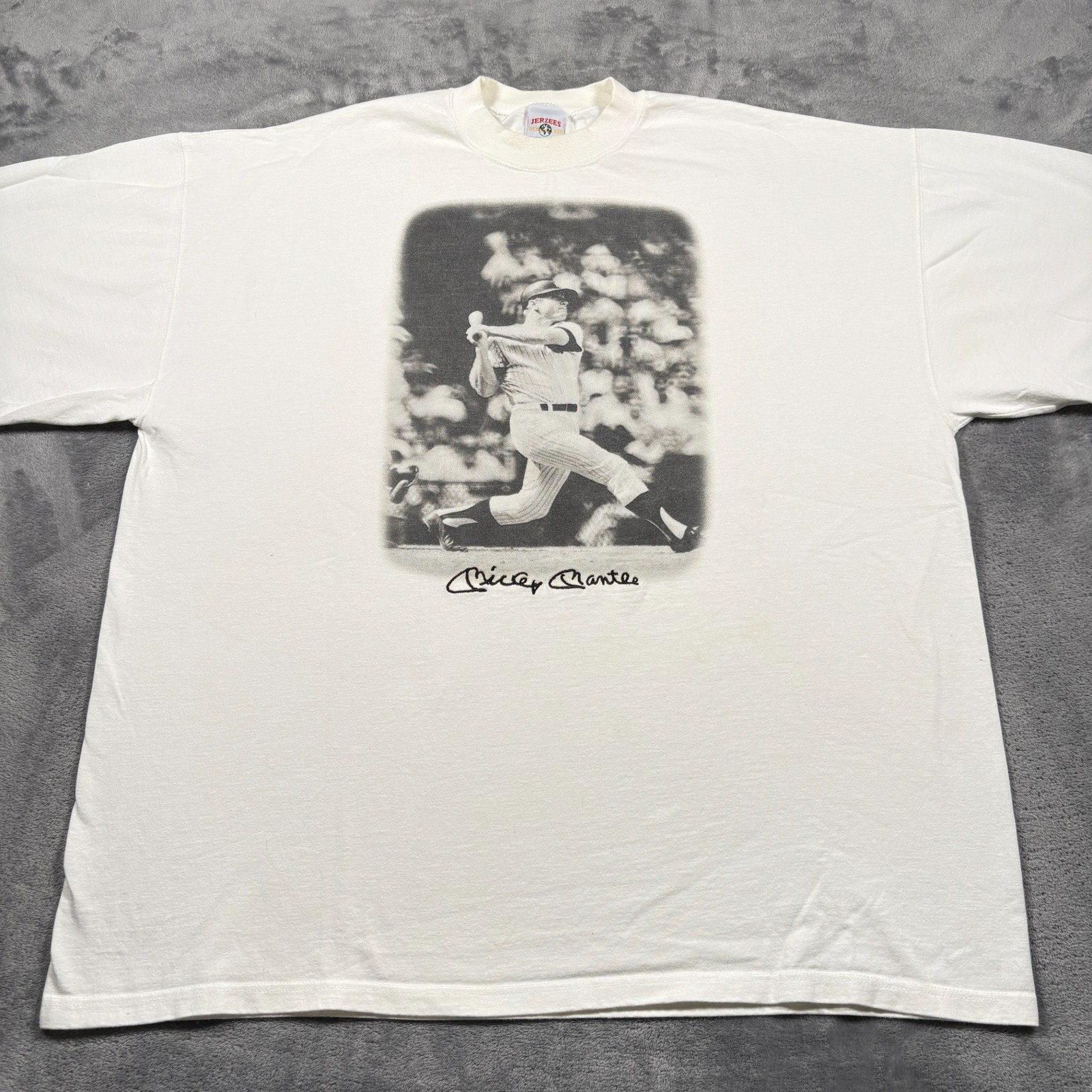 Vintage New York Yankees T-Shirt Mens 2XL White Mickey Mantle Jerzees Cotton MLB