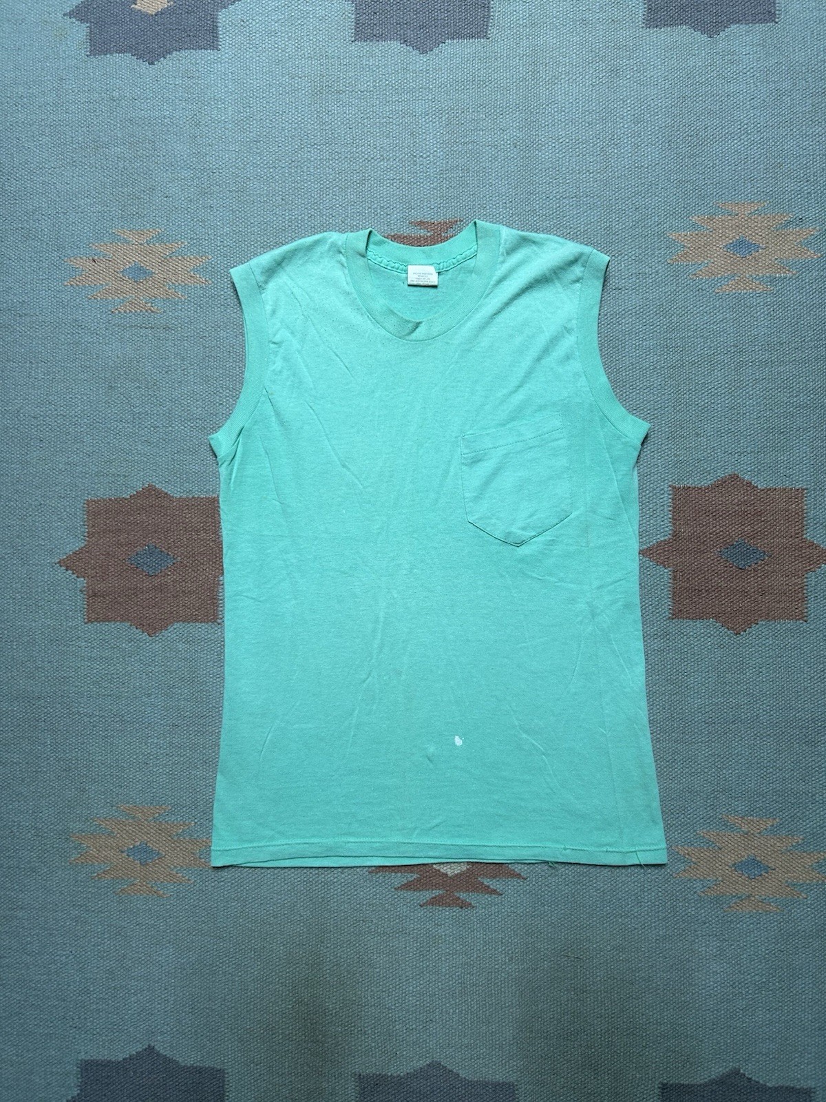 Vintage 80s sleeveless pocket t shirt blank mint green muscle paint soft medium