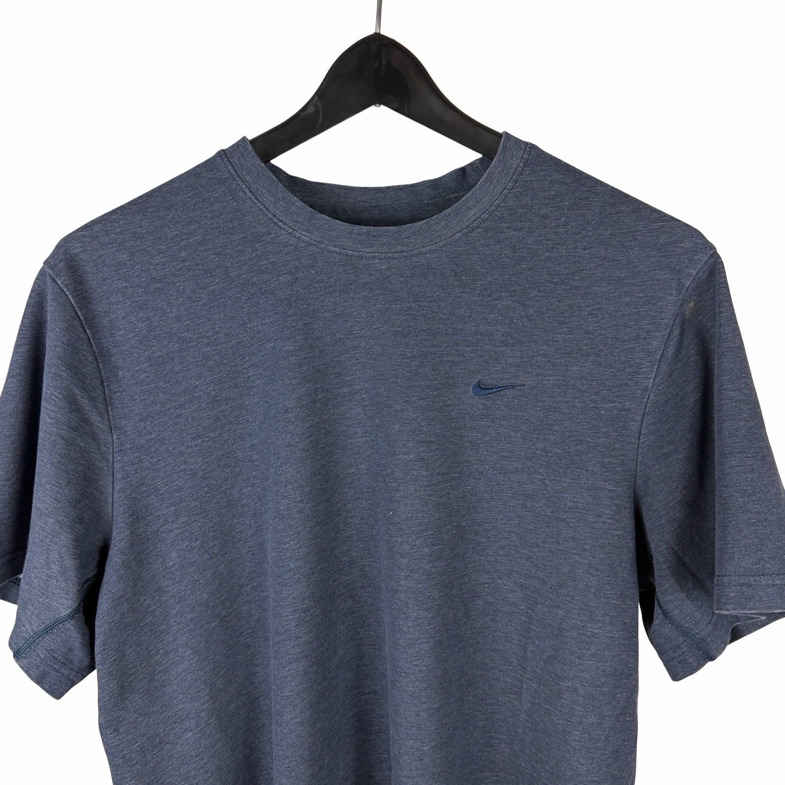 Mens Y2K Nike Embroidered Micro Swoosh Essential Stretch Blue Shirt Size L