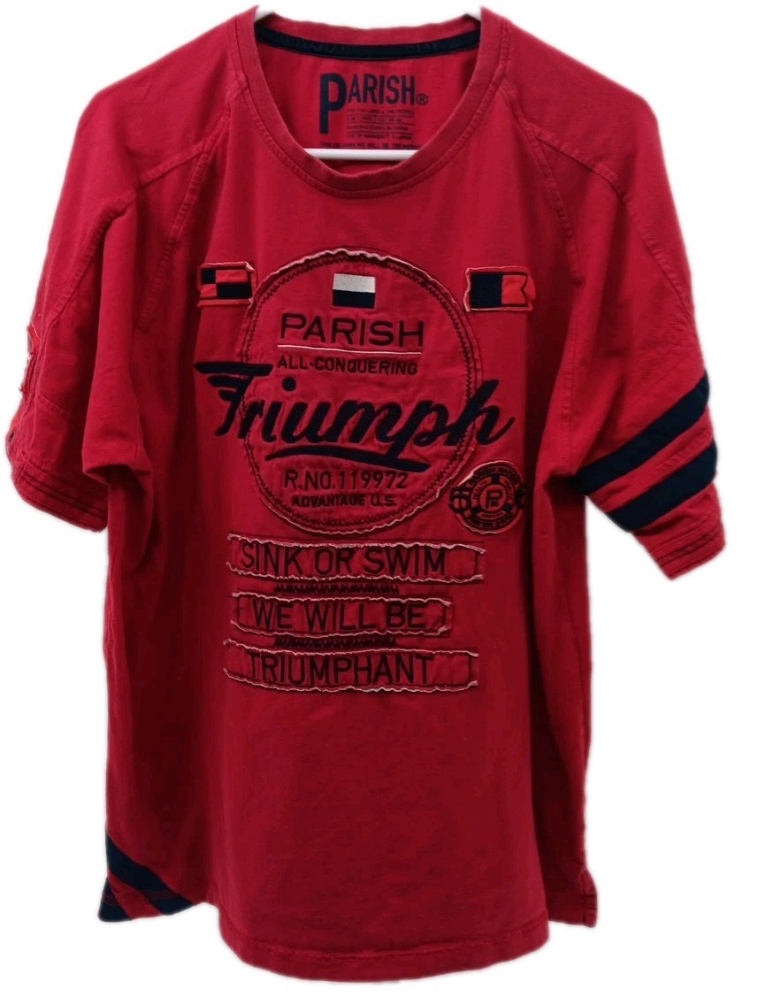 Parish Triumph Shirt Men’s XL Red Graphic Embroidered Spell Out Tee Gym Street