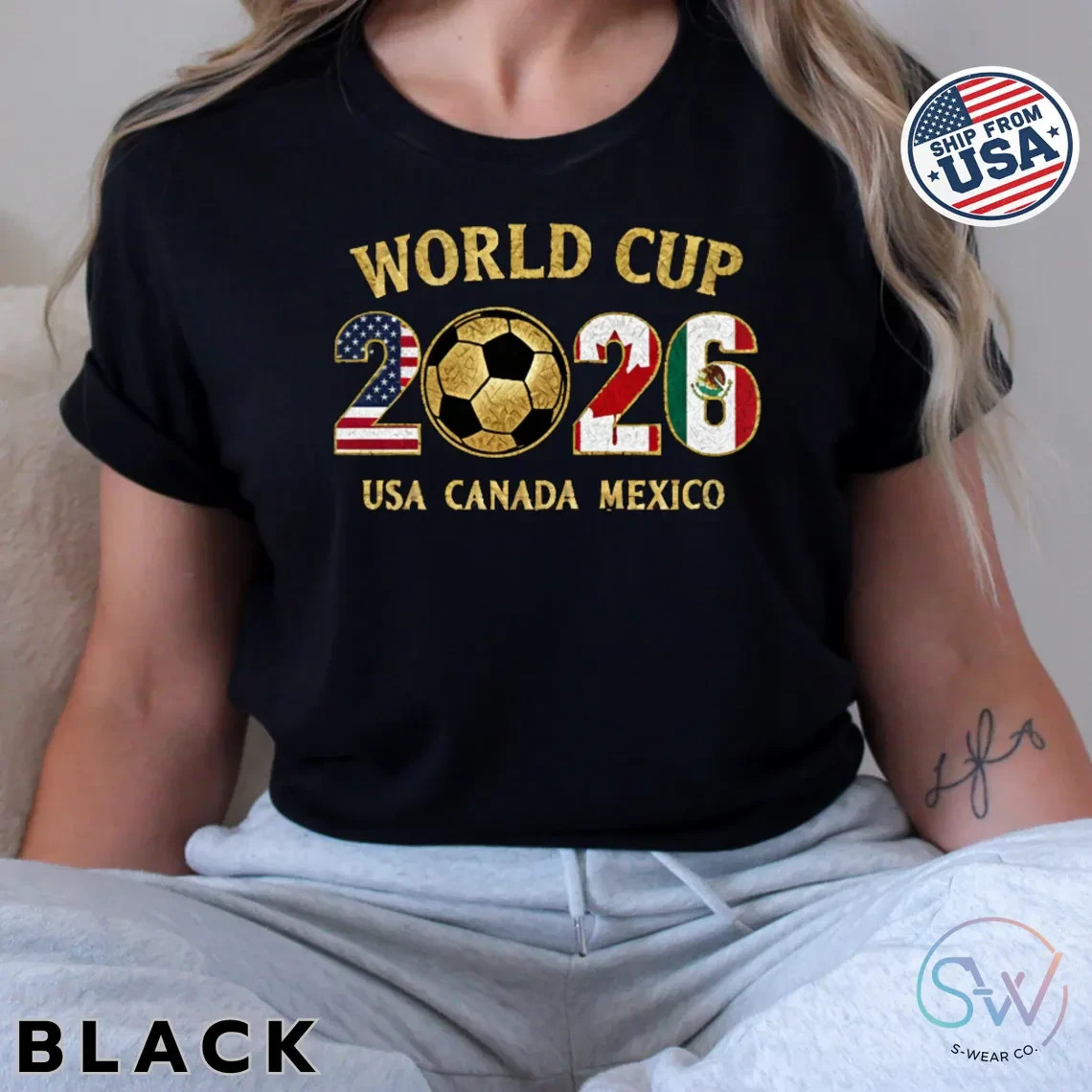 World Cup 2026 USA Canada Mexico Soccer Graphic T-Shirt Football Fan Tee Black