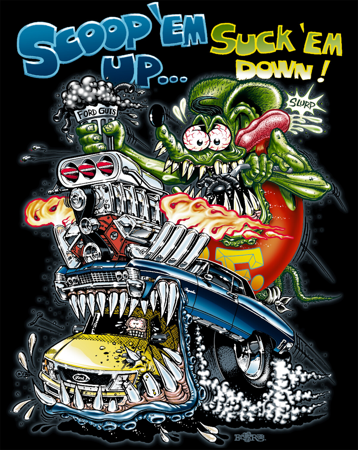 Rat Fink “Scoop ‘Em Up ” Black Tee Front Print 9276!