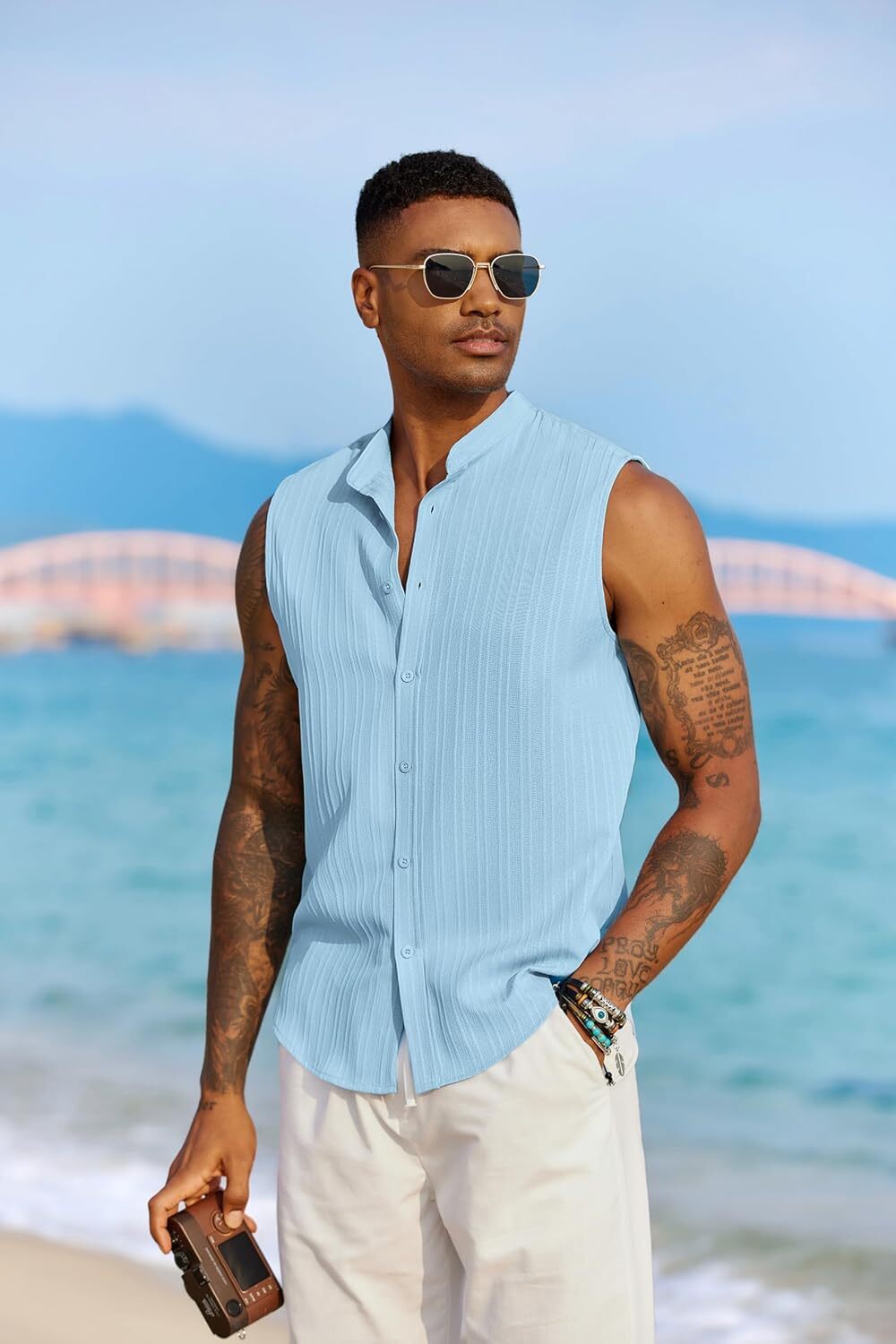 Mens Sleeveless Summer Shirts Beach Tank Tops Button Up Tank Shirt for Vacation