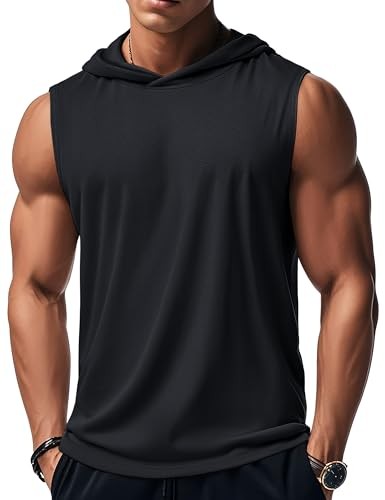 Mens Tank Top Sleeveless Hoodie Cotton T-Shirt Summer Casual Medium Black