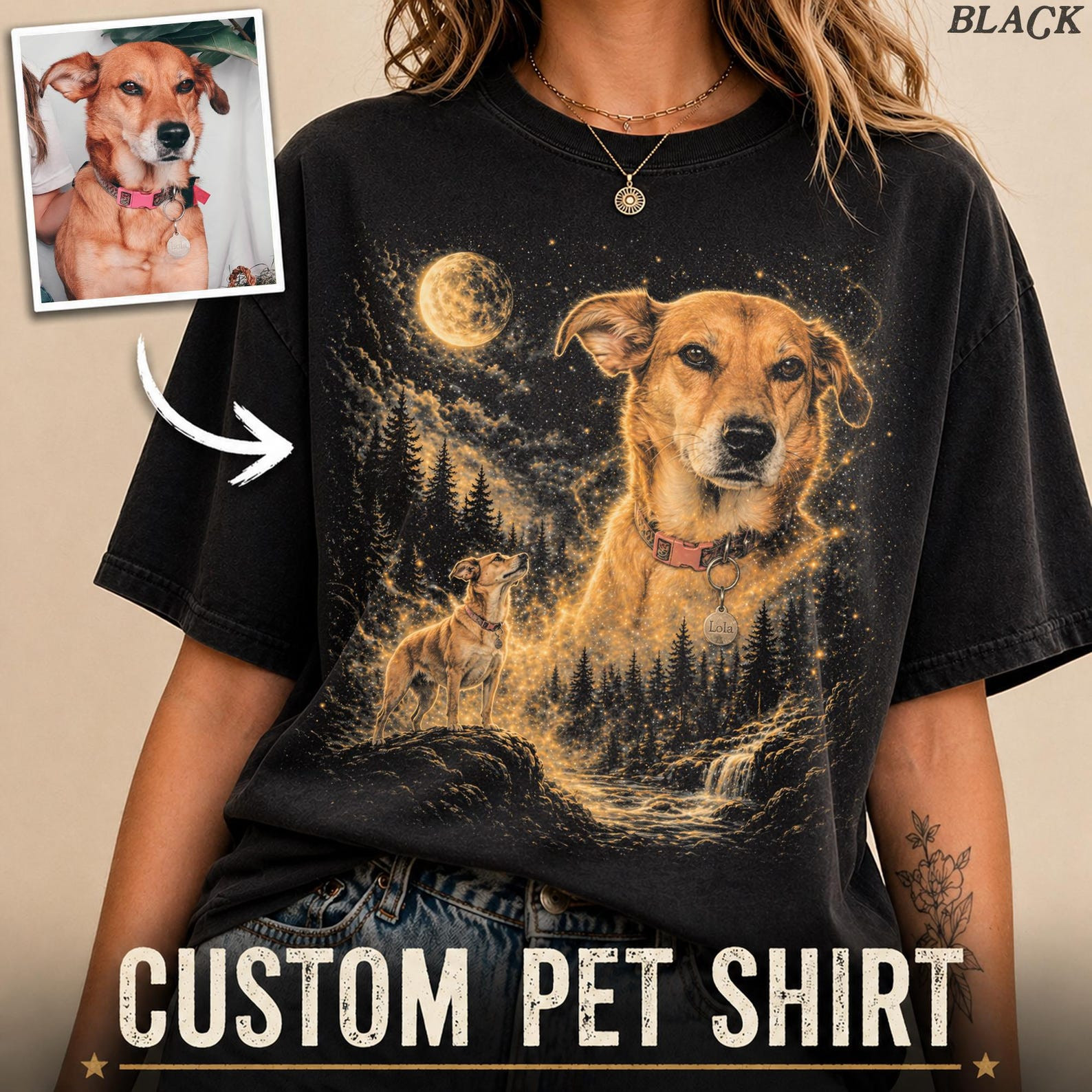 Custom Pet Photo Shirt Personalized Dog Howling Moon Tee S-2XL