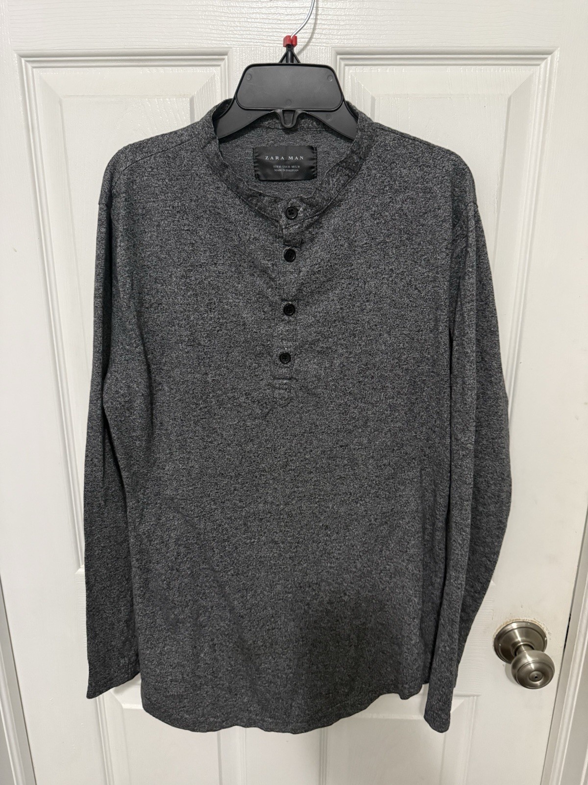 Zara Long Sleeve T-Shirt Button Neck Gray Mens Sz M Casual Preppy Minimalist