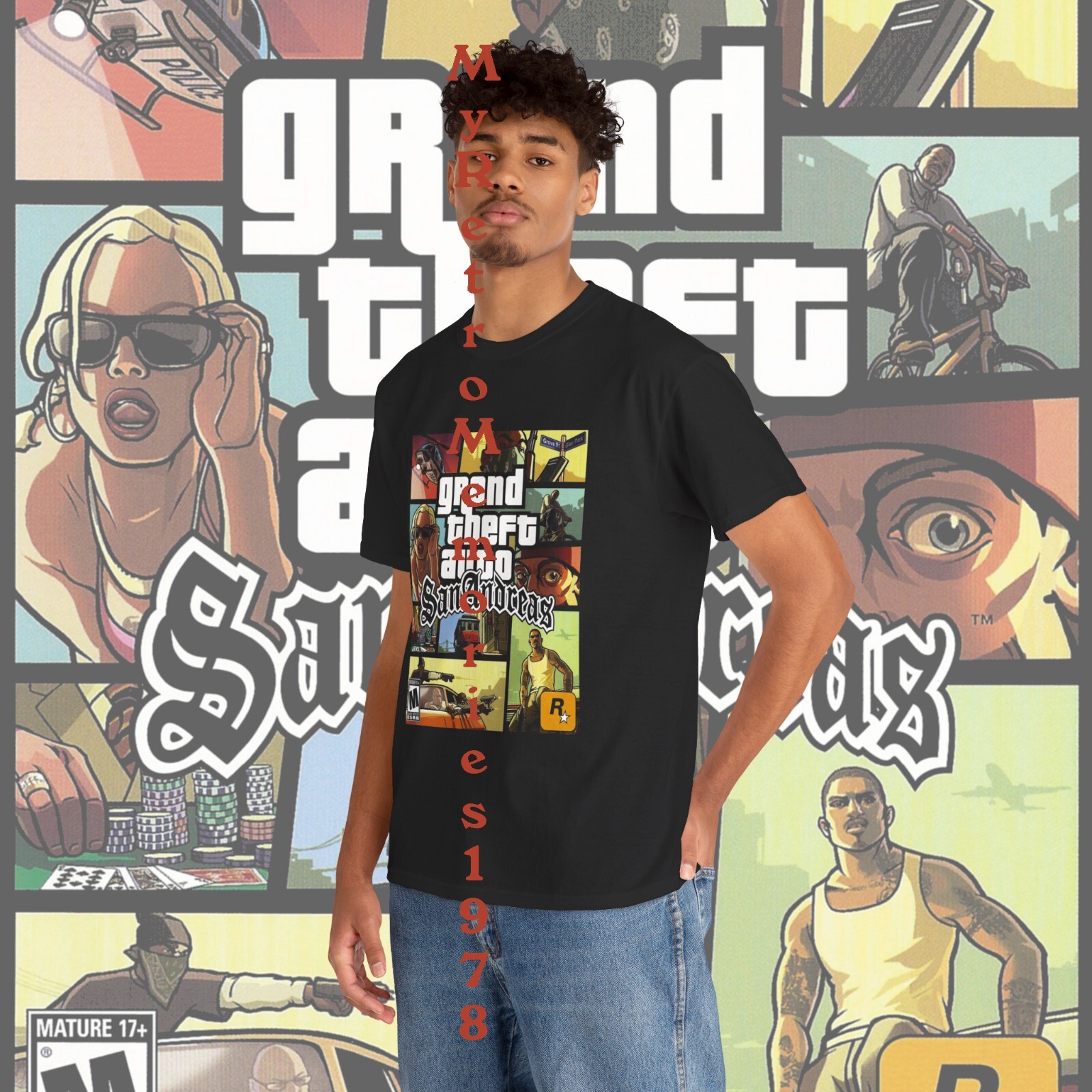 Grand Theft Auto San Andreas GTA Box Art Design Black T-Shirt S-5XL Retro Tee