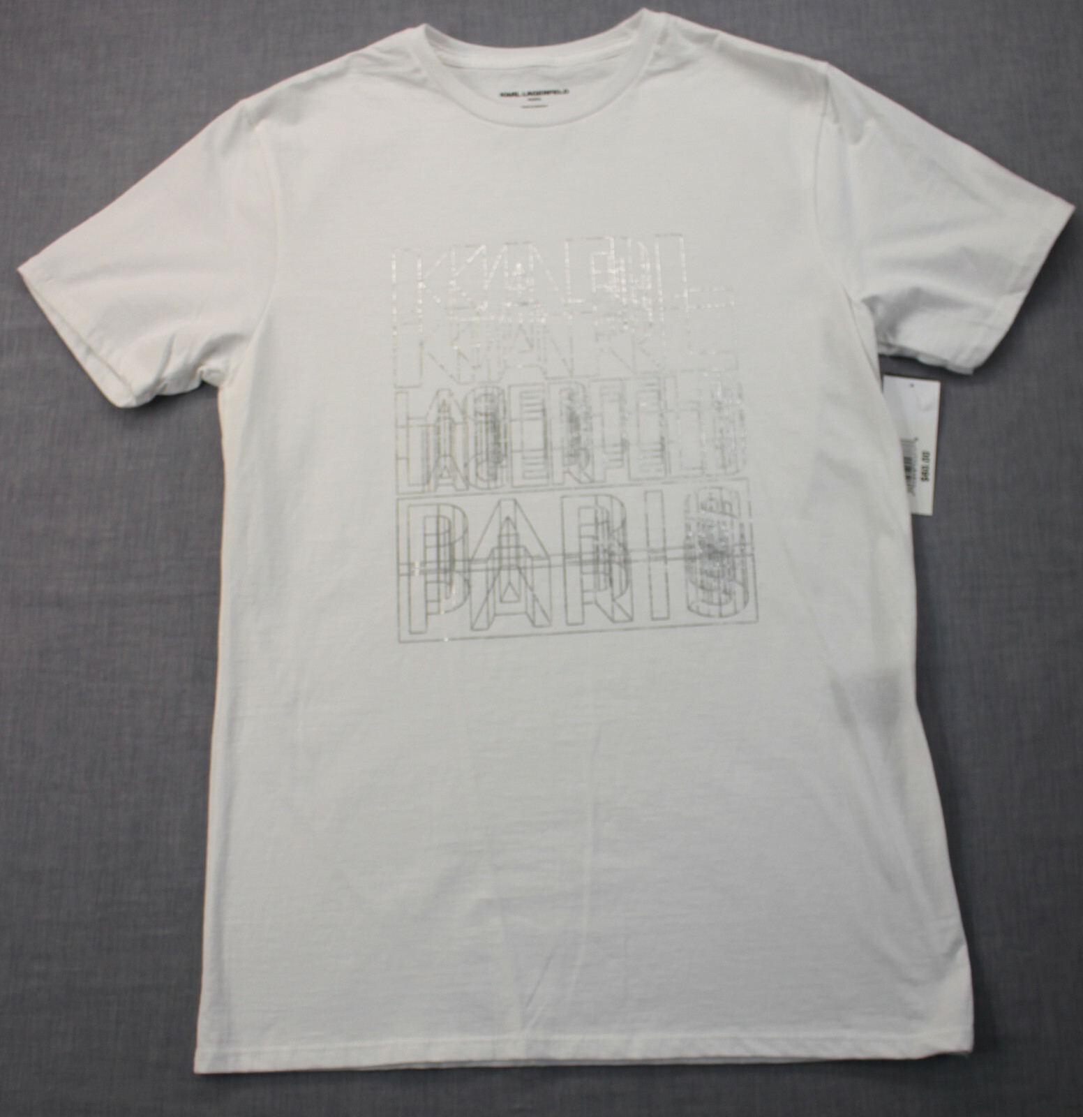 Karl Lagerfeld Paris Mens Super Rare White Silver Foil Logo SS Tee Shirt NWT XL