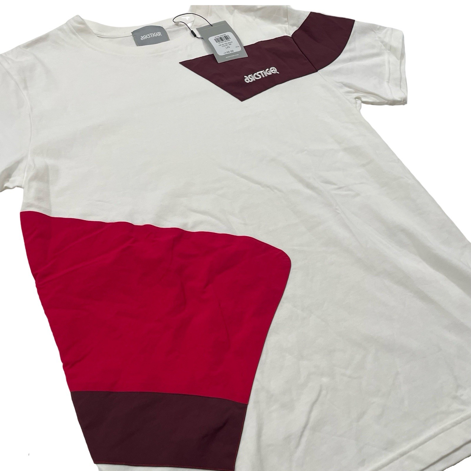 Asics Tiger Size L White Red, Burgundy Colorblock Tee (Retail $55)